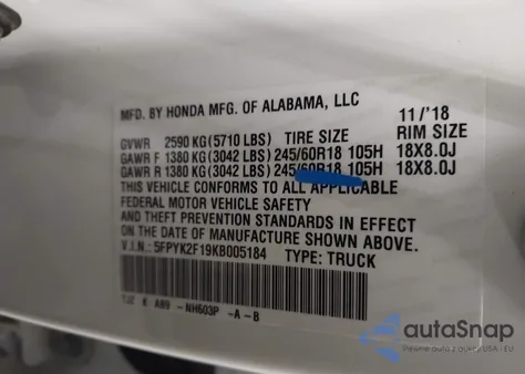 2019 Honda Ridgeline Sport из США, поврежденный, VIN 5FPYK2F19KB005184